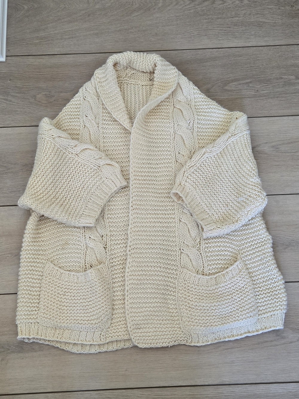 Shawl-Collar Cable Knit Cardigan Sweater in Cream